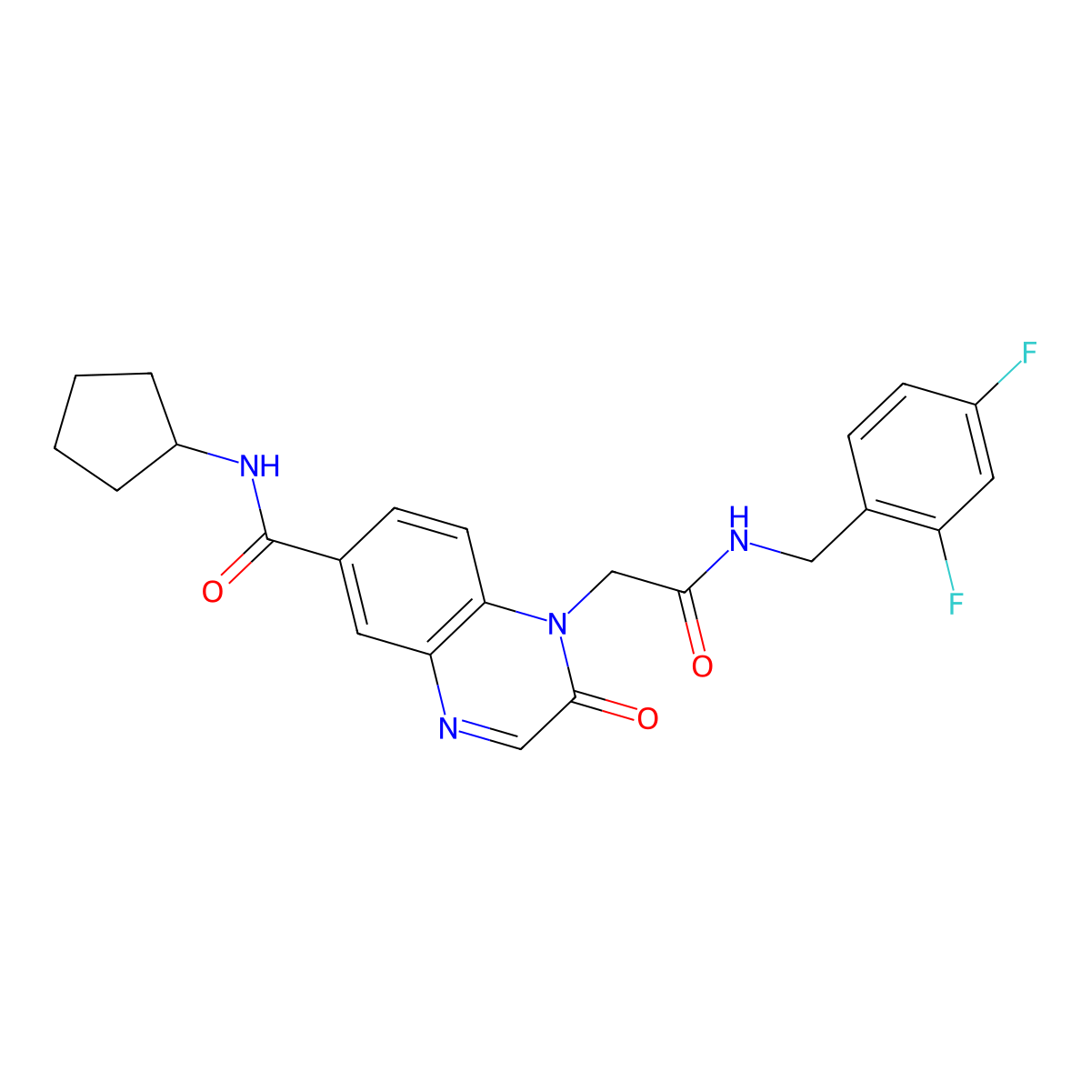 N-cyclopentyl-1-(2-((2,4-difluorobenzyl)amino)-2-oxoethyl)-2-oxo-1,2-dihydroquinoxaline-6-carboxamide molecular structure, CAS 1286706-89-5