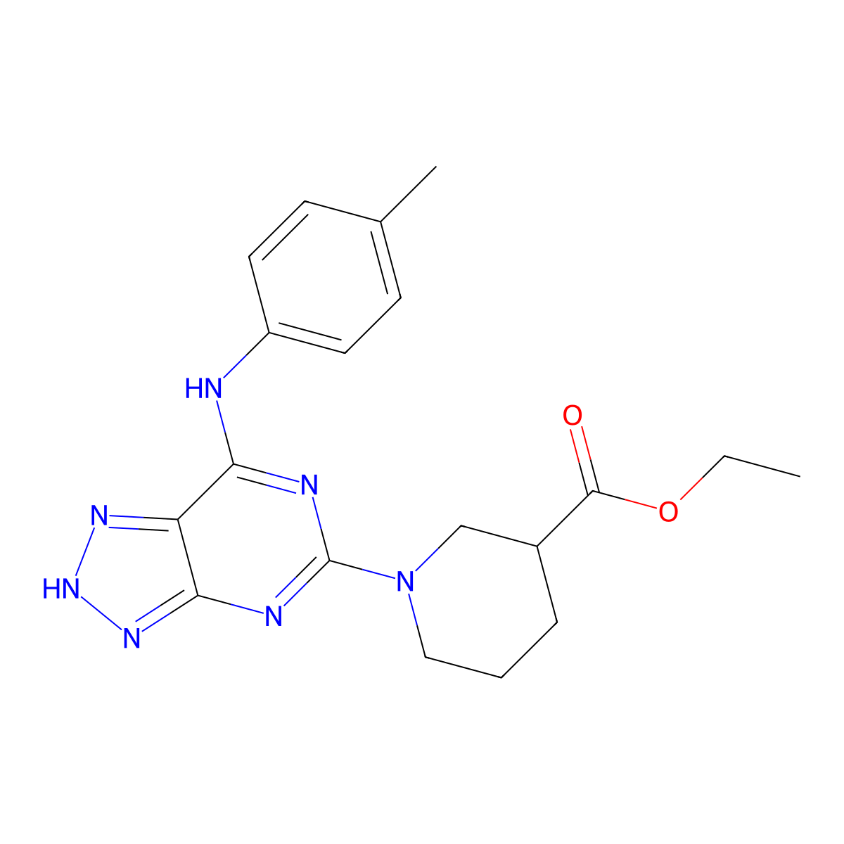 ethyl 1-(7-(p-tolylamino)-3H-[1,2,3]triazolo[4,5-d]pyrimidin-5-yl)piperidine-3-carboxylate molecular structure, CAS 1286707-03-6