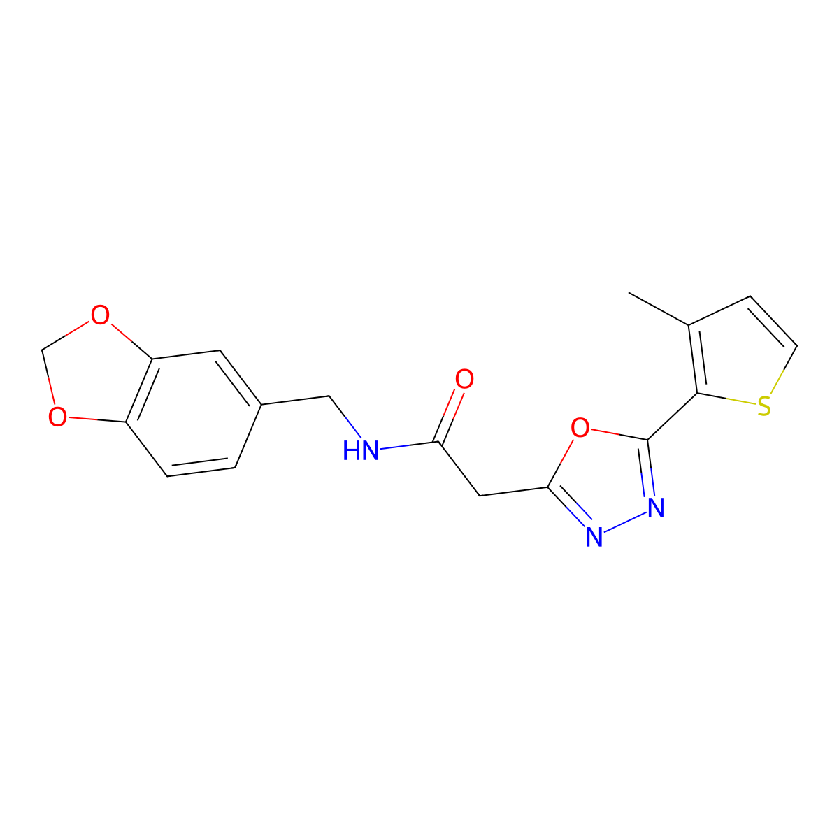 N-(benzo[d][1,3]dioxol-5-ylmethyl)-2-(5-(3-methylthiophen-2-yl)-1,3,4-oxadiazol-2-yl)acetamide molecular structure, CAS 1286707-09-2