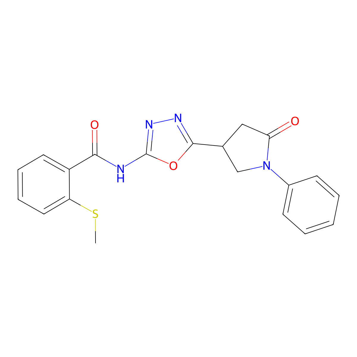 2-(methylthio)-N-(5-(5-oxo-1-phenylpyrrolidin-3-yl)-1,3,4-oxadiazol-2-yl)benzamide molecular structure, CAS 1286707-15-0