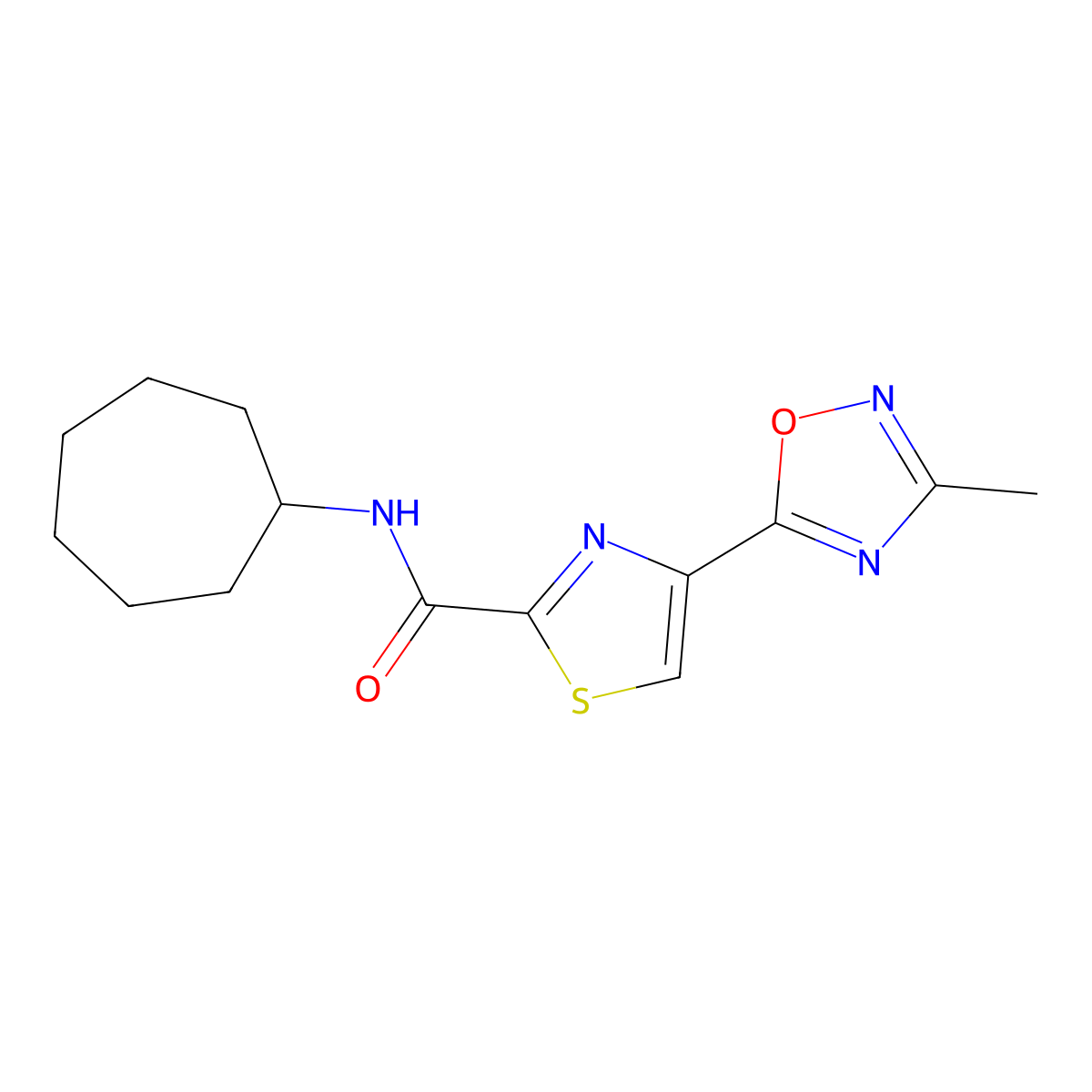 N-cycloheptyl-4-(3-methyl-1,2,4-oxadiazol-5-yl)thiazole-2-carboxamide molecular structure, CAS 1286709-33-8