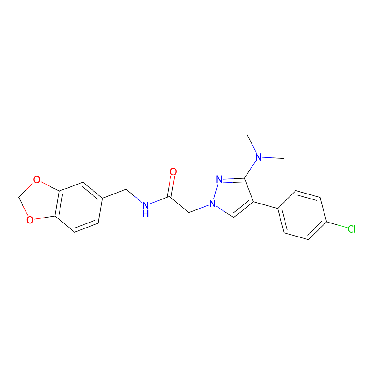 N-(benzo[d][1,3]dioxol-5-ylmethyl)-2-(4-(4-chlorophenyl)-3-(dimethylamino)-1H-pyrazol-1-yl)acetamide molecular structure, CAS 1286709-37-2