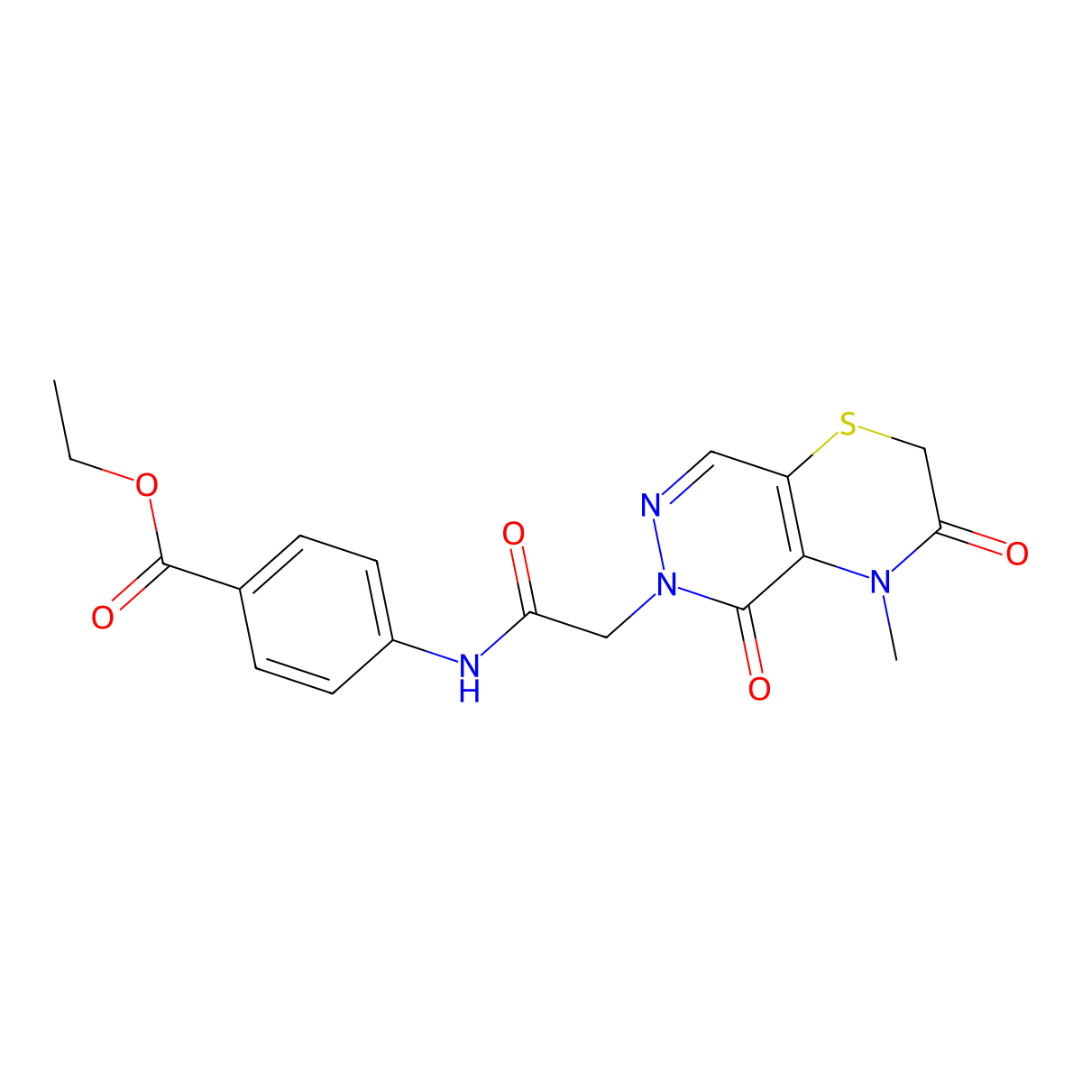 ethyl 4-(2-{4-methyl-3,5-dioxo-2H,3H,4H,5H,6H-pyridazino[4,5-b][1,4]thiazin-6-yl}acetamido)benzoate molecular structure, CAS 1286709-38-3