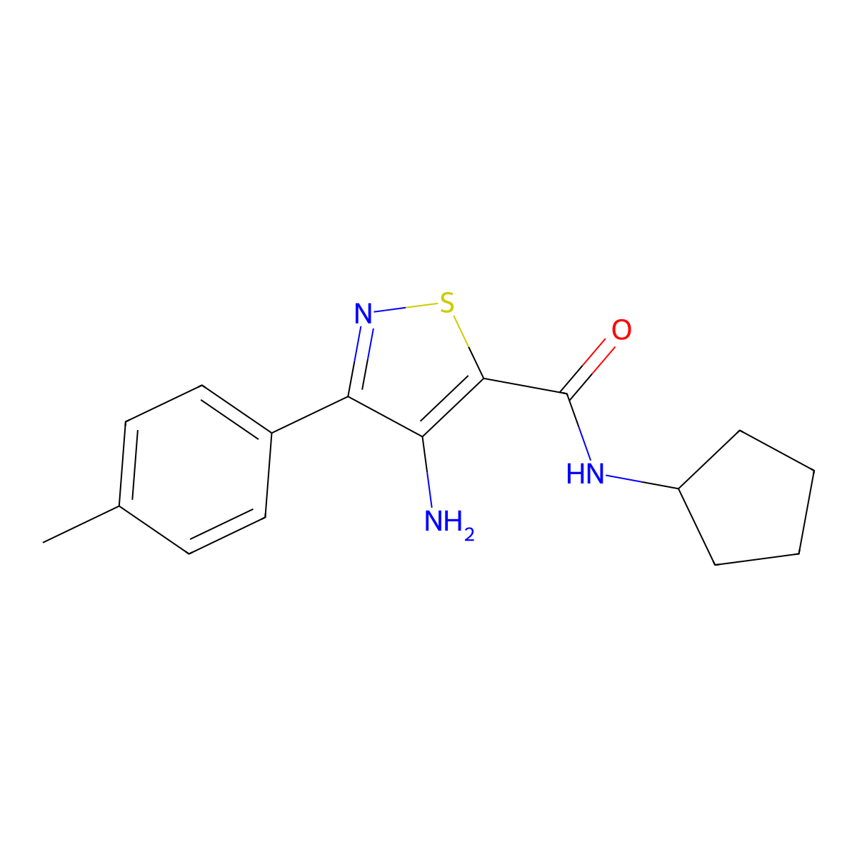 4-amino-N-cyclopentyl-3-(p-tolyl)isothiazole-5-carboxamide molecular structure, CAS 1286709-39-4