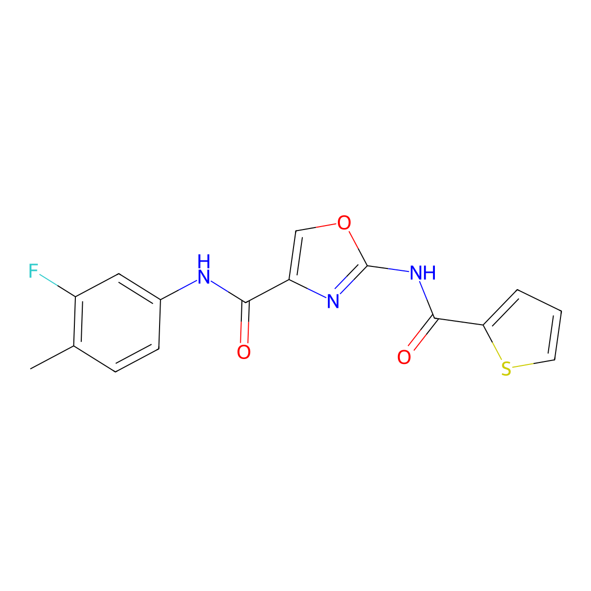 N-(3-fluoro-4-methylphenyl)-2-(thiophene-2-carboxamido)oxazole-4-carboxamide molecular structure, CAS 1286709-55-4