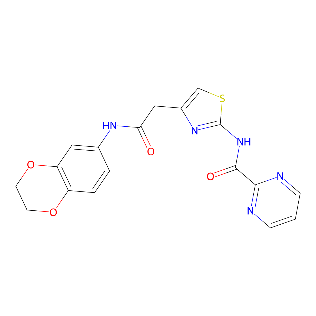 N-(4-(2-((2,3-dihydrobenzo[b][1,4]dioxin-6-yl)amino)-2-oxoethyl)thiazol-2-yl)pyrimidine-2-carboxamide molecular structure, CAS 1286709-76-9