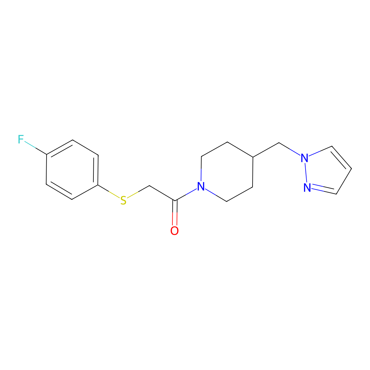 1-(4-((1H-pyrazol-1-yl)methyl)piperidin-1-yl)-2-((4-fluorophenyl)thio)ethanone molecular structure, CAS 1286709-84-9