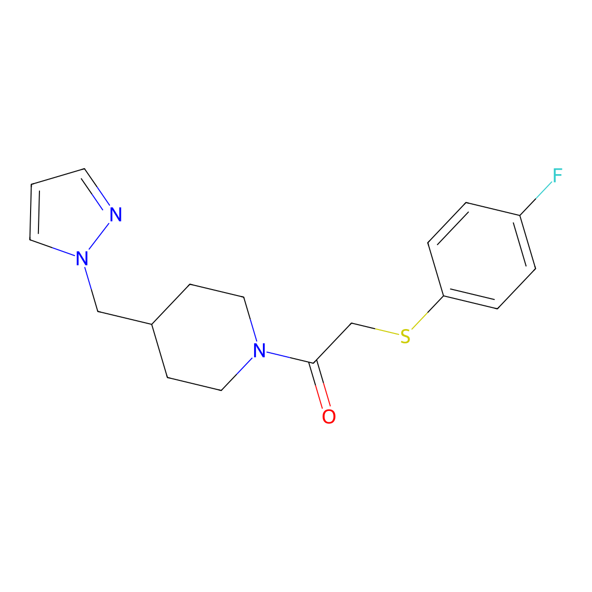 1-(4-((1H-pyrazol-1-yl)methyl)piperidin-1-yl)-2-((4-fluorophenyl)thio)ethanone molecular structure, CAS 1286709-84-9