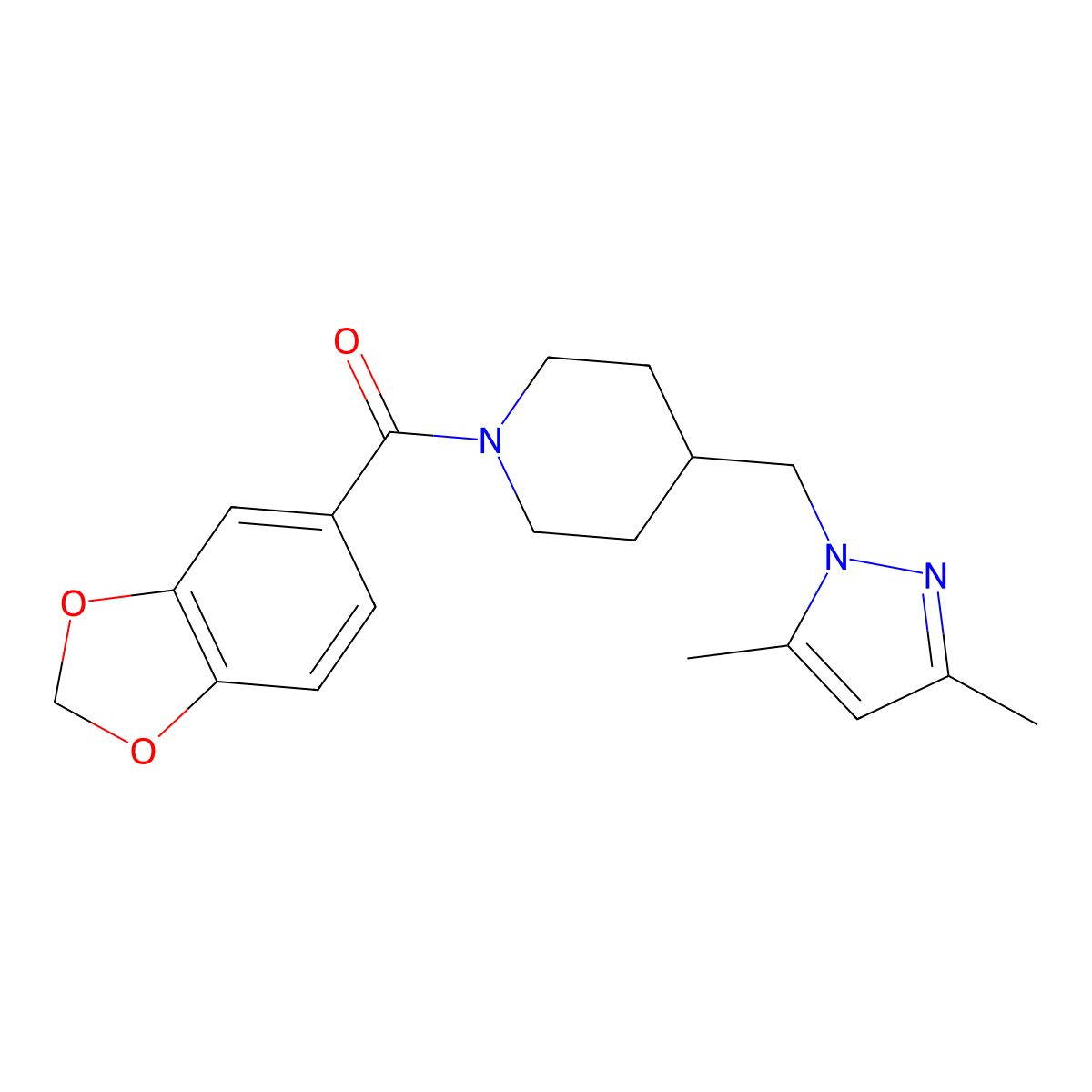 benzo[d][1,3]dioxol-5-yl(4-((3,5-dimethyl-1H-pyrazol-1-yl)methyl)piperidin-1-yl)methanone molecular structure, CAS 1286709-91-8