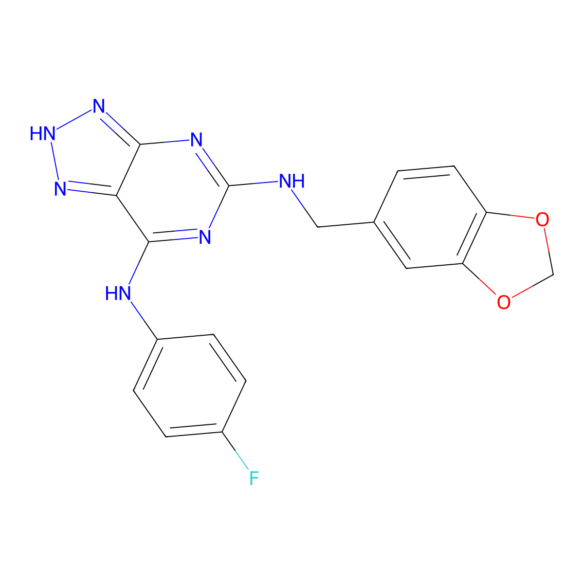 N~5~-(1,3-benzodioxol-5-ylmethyl)-N~7~-(4-fluorophenyl)-3H-[1,2,3]triazolo[4,5-d]pyrimidine-5,7-diamine molecular structure, CAS 1286709-95-2