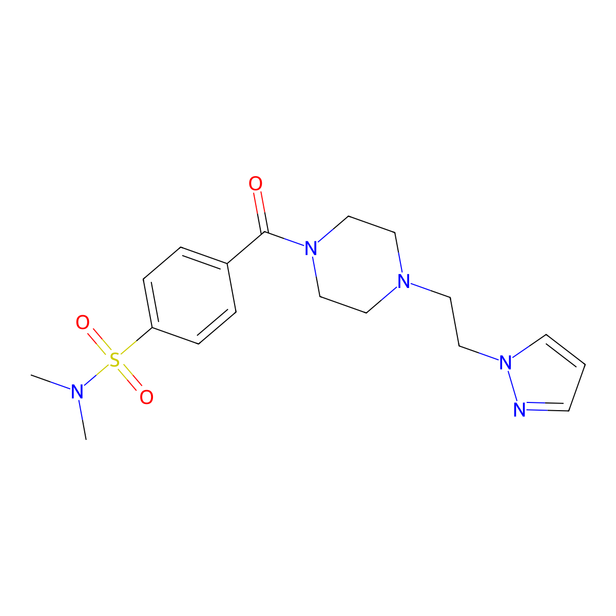 4-(4-(2-(1H-pyrazol-1-yl)ethyl)piperazine-1-carbonyl)-N,N-dimethylbenzenesulfonamide molecular structure, CAS 1286710-10-8