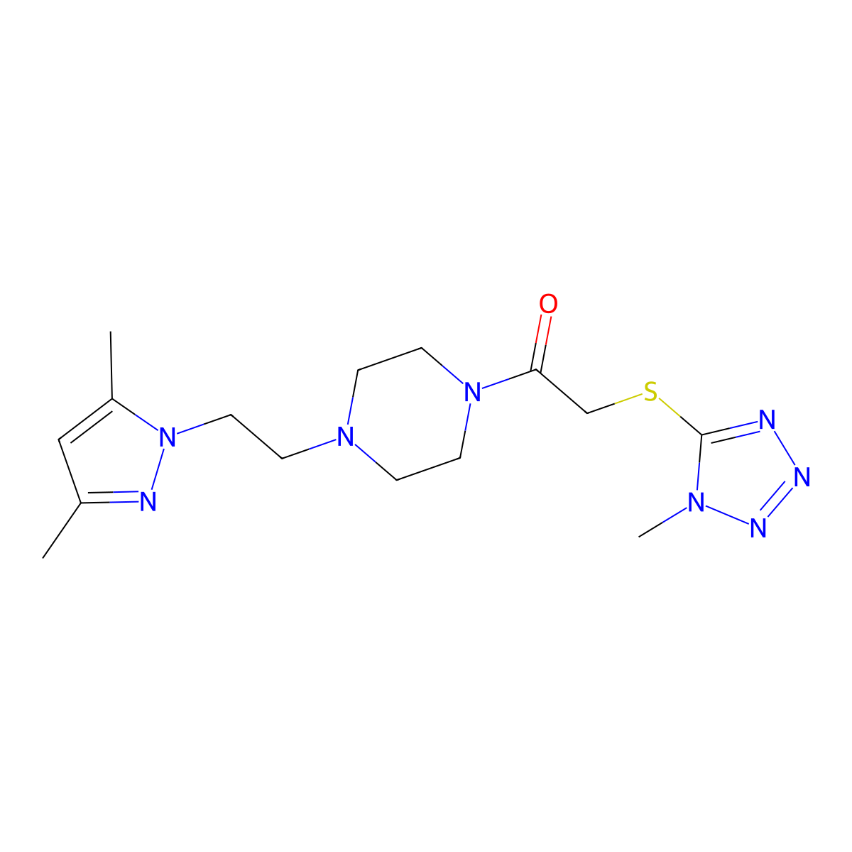 1-{4-[2-(3,5-dimethyl-1H-pyrazol-1-yl)ethyl]piperazin-1-yl}-2-[(1-methyl-1H-1,2,3,4-tetrazol-5-yl)sulfanyl]ethan-1-one molecular structure, CAS 1286710-12-0