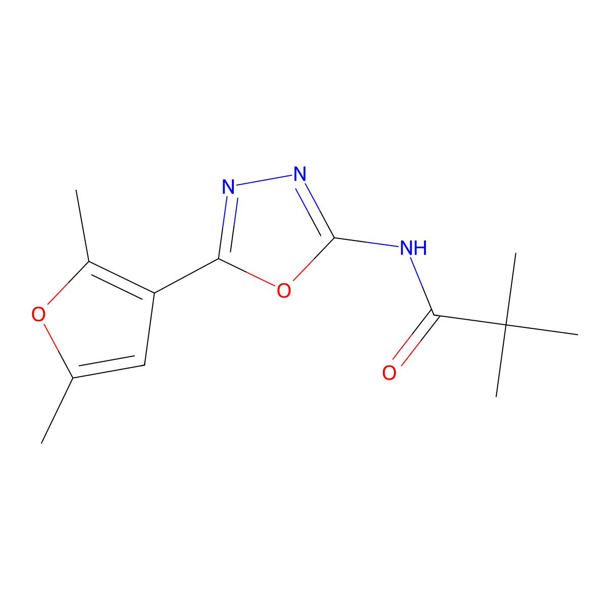 N-(5-(2,5-dimethylfuran-3-yl)-1,3,4-oxadiazol-2-yl)pivalamide molecular structure, CAS 1286710-32-4