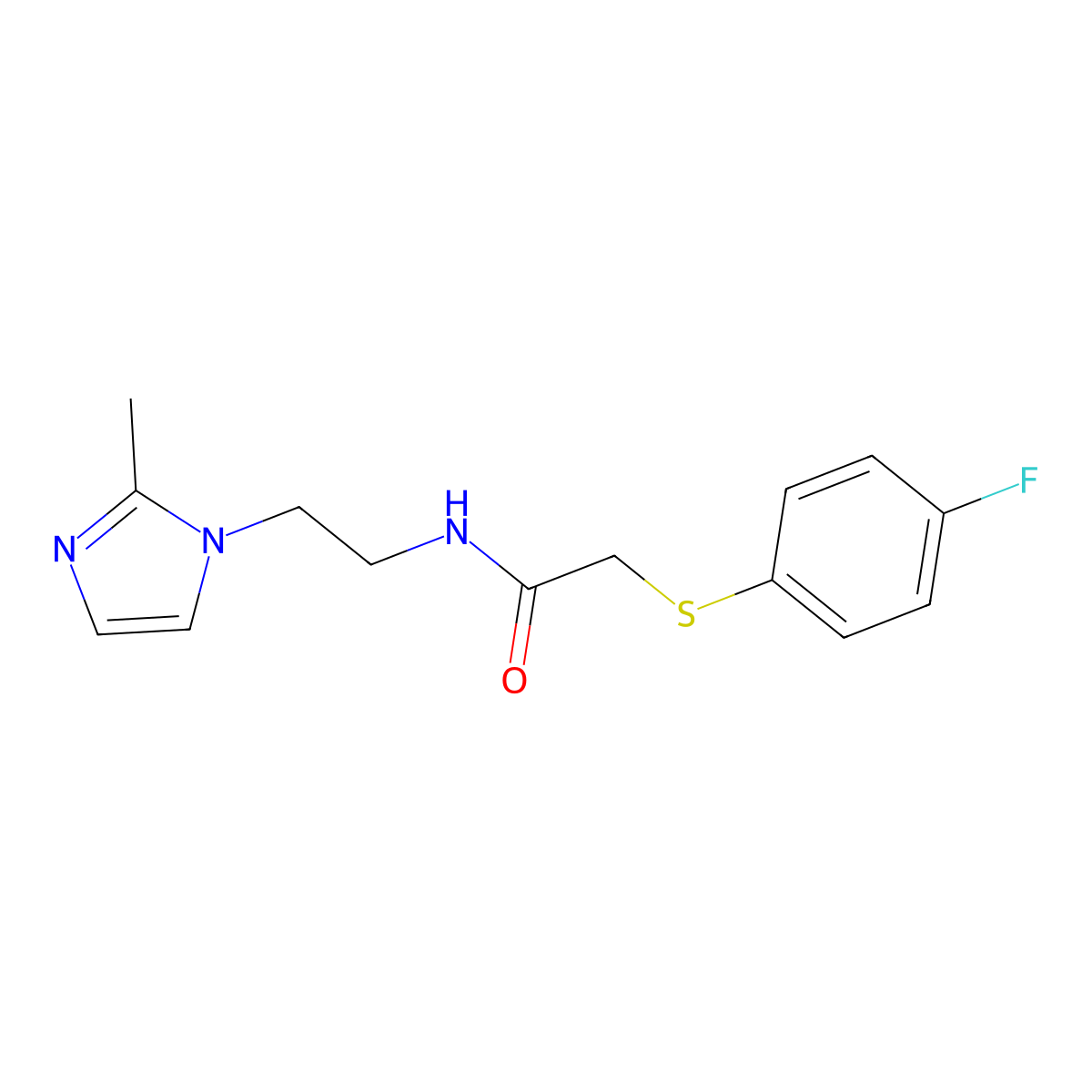 2-((4-fluorophenyl)thio)-N-(2-(2-methyl-1H-imidazol-1-yl)ethyl)acetamide molecular structure, CAS 1286710-37-9