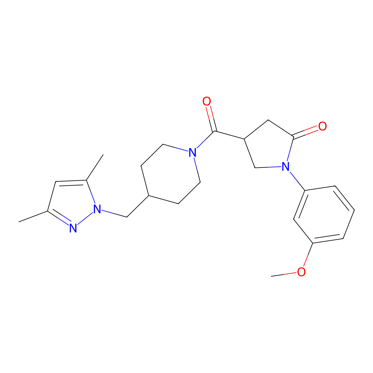 4-{4-[(3,5-dimethyl-1H-pyrazol-1-yl)methyl]piperidine-1-carbonyl}-1-(3-methoxyphenyl)pyrrolidin-2-one molecular structure, CAS 1286710-38-0