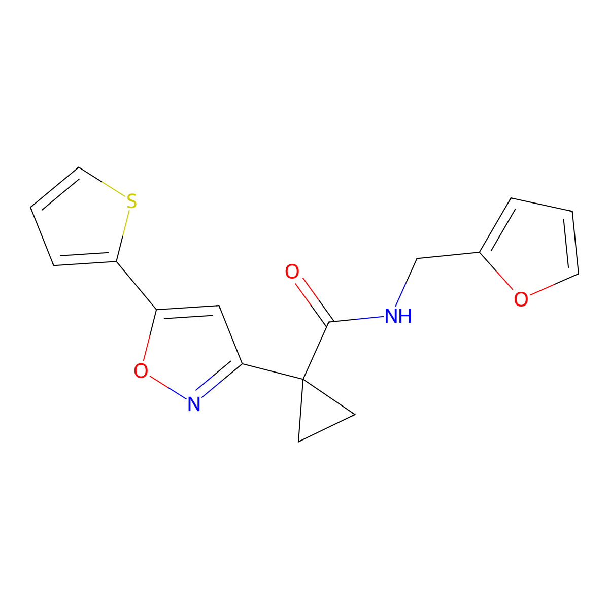 N-(furan-2-ylmethyl)-1-(5-(thiophen-2-yl)isoxazol-3-yl)cyclopropanecarboxamide molecular structure, CAS 1286710-40-4