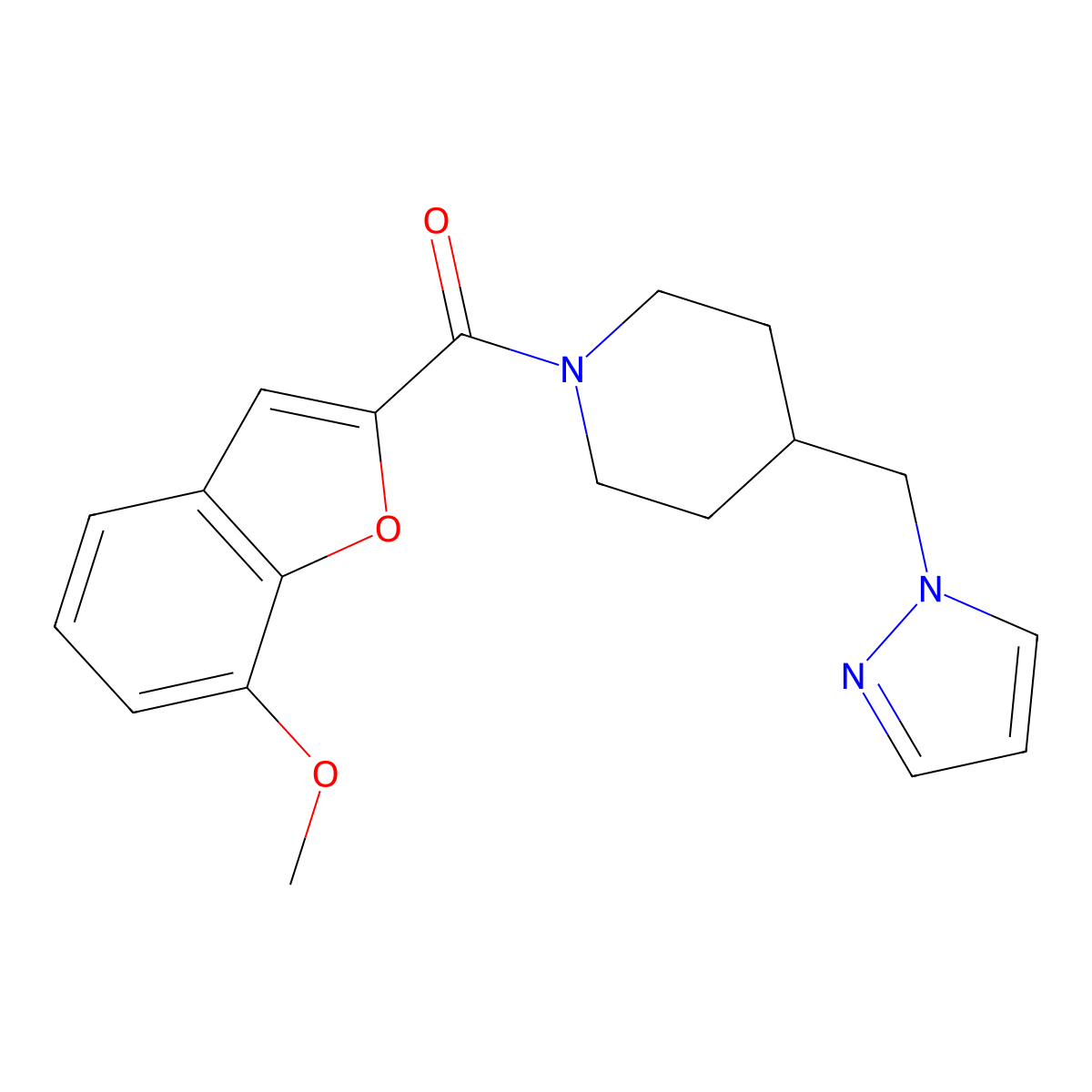 (4-((1H-pyrazol-1-yl)methyl)piperidin-1-yl)(7-methoxybenzofuran-2-yl)methanone molecular structure, CAS 1286710-41-5