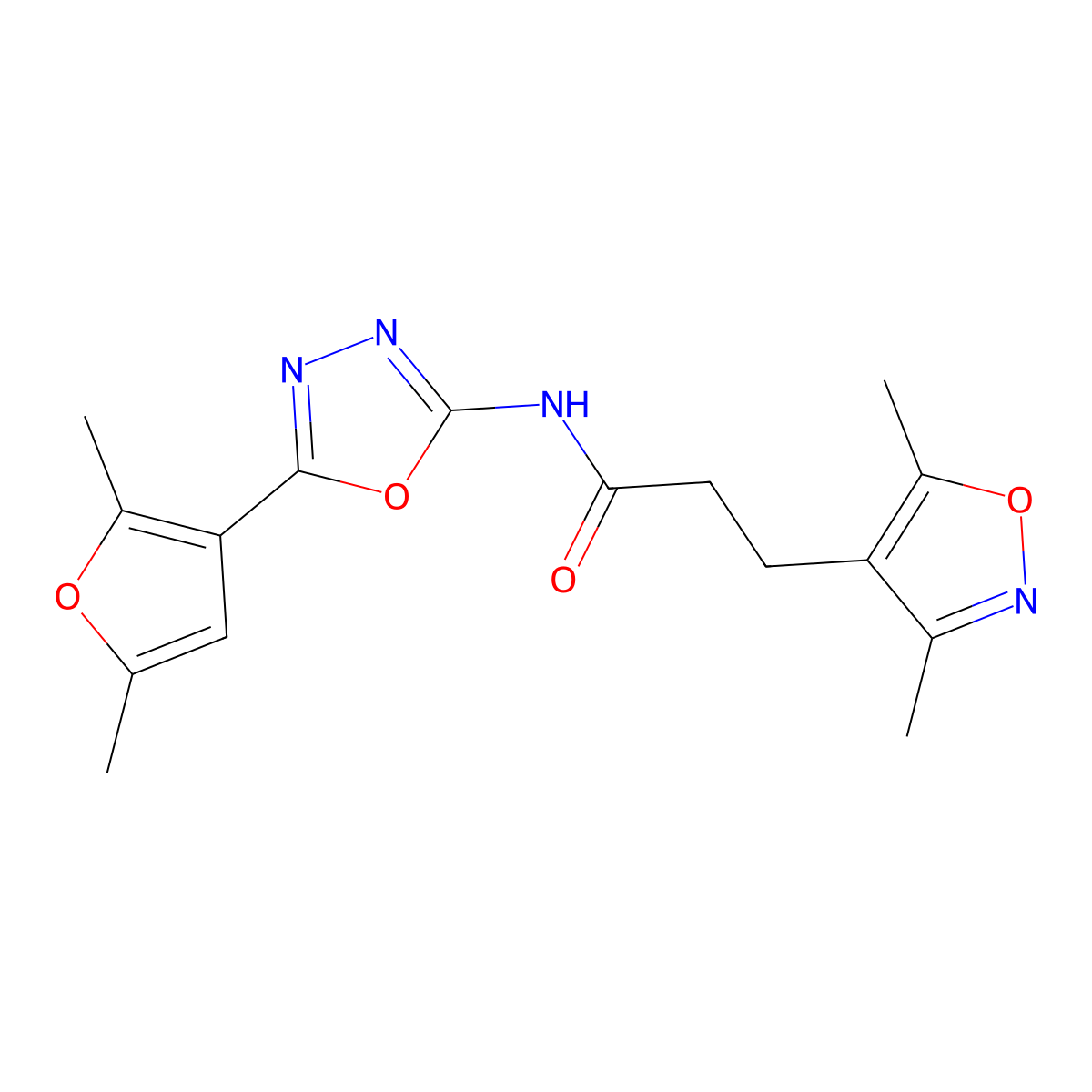 N-(5-(2,5-dimethylfuran-3-yl)-1,3,4-oxadiazol-2-yl)-3-(3,5-dimethylisoxazol-4-yl)propanamide molecular structure, CAS 1286710-82-4