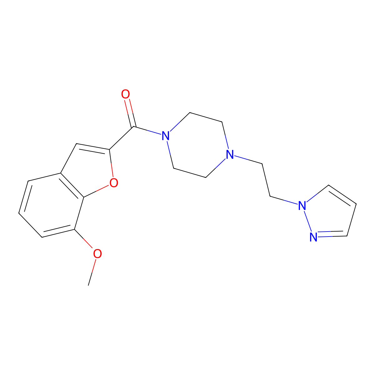 (4-(2-(1H-pyrazol-1-yl)ethyl)piperazin-1-yl)(7-methoxybenzofuran-2-yl)methanone molecular structure, CAS 1286710-92-6