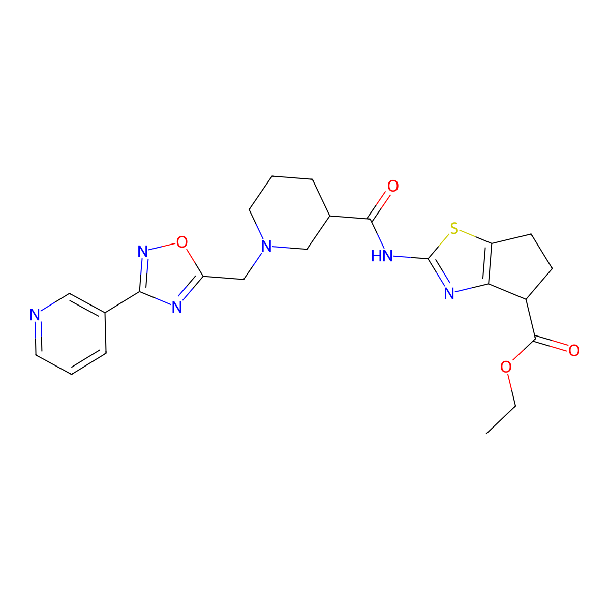 ethyl 2-(1-((3-(pyridin-3-yl)-1,2,4-oxadiazol-5-yl)methyl)piperidine-3-carboxamido)-5,6-dihydro-4H-cyclopenta[d]thiazole-4-carboxylate molecular structure, CAS 1286711-13-4