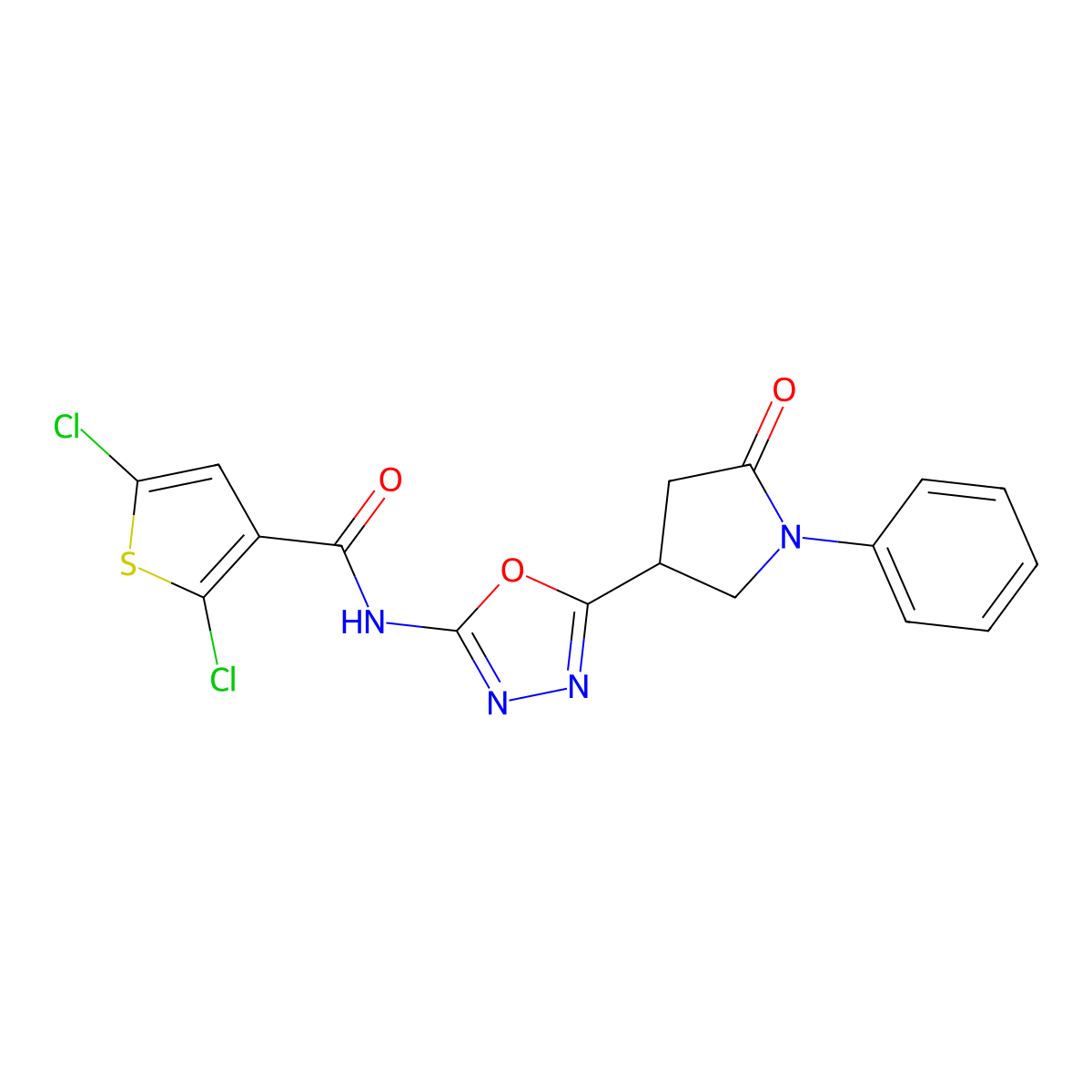 2,5-dichloro-N-[5-(5-oxo-1-phenylpyrrolidin-3-yl)-1,3,4-oxadiazol-2-yl]thiophene-3-carboxamide molecular structure, CAS 1286711-15-6