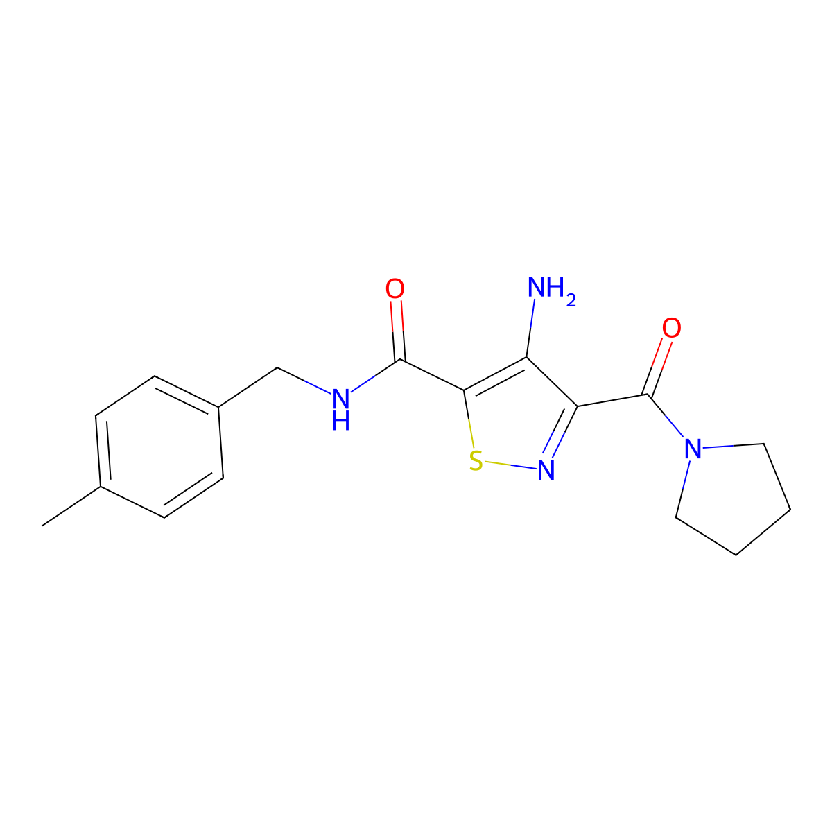 4-amino-N-(4-methylbenzyl)-3-(pyrrolidine-1-carbonyl)isothiazole-5-carboxamide molecular structure, CAS 1286711-38-3