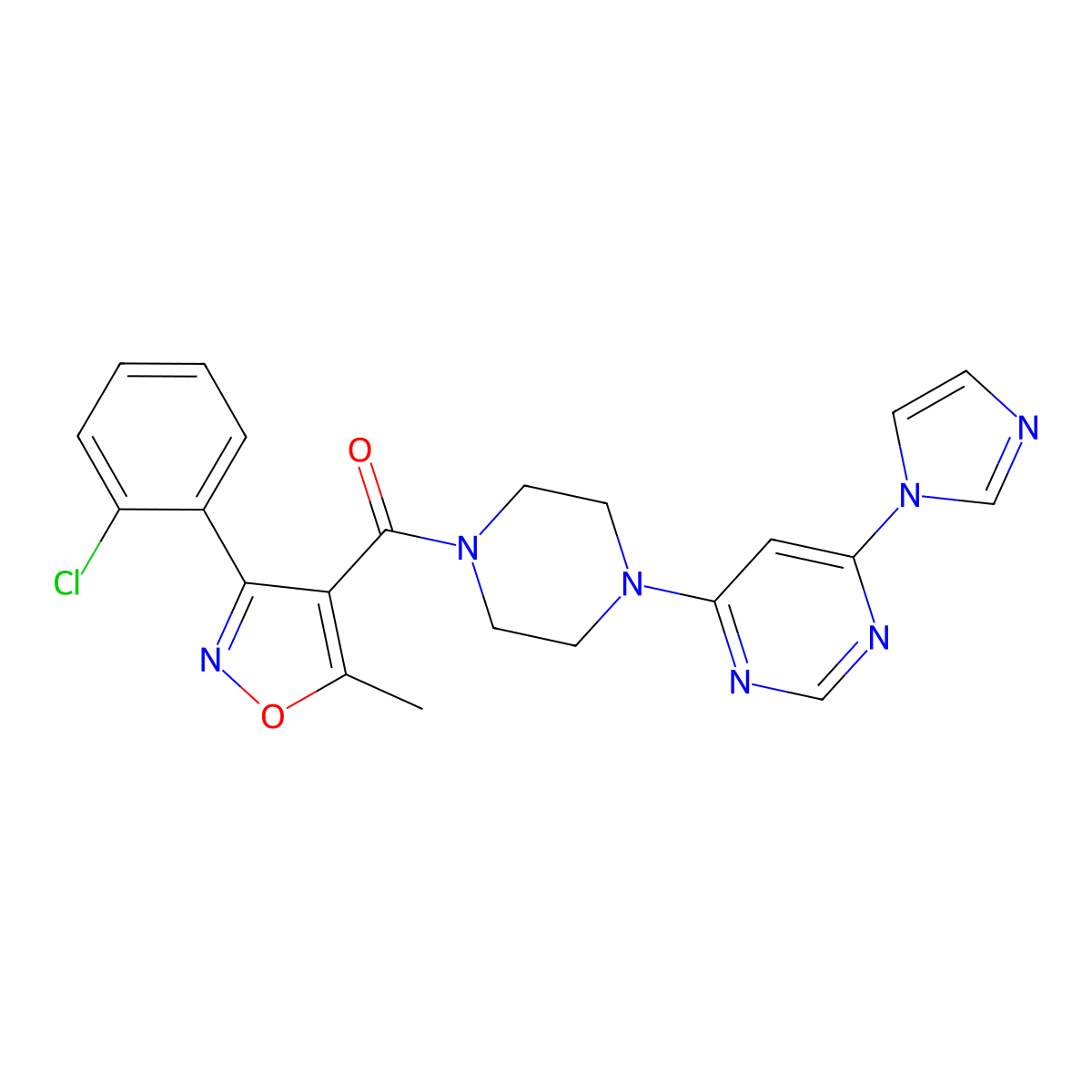 (4-(6-(1H-imidazol-1-yl)pyrimidin-4-yl)piperazin-1-yl)(3-(2-chlorophenyl)-5-methylisoxazol-4-yl)methanone molecular structure, CAS 1286711-69-0