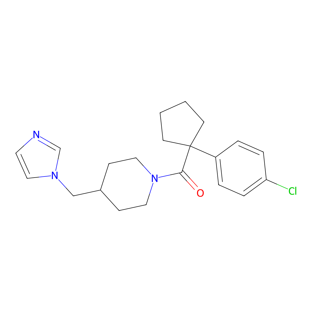(4-((1H-imidazol-1-yl)methyl)piperidin-1-yl)(1-(4-chlorophenyl)cyclopentyl)methanone molecular structure, CAS 1286711-73-6