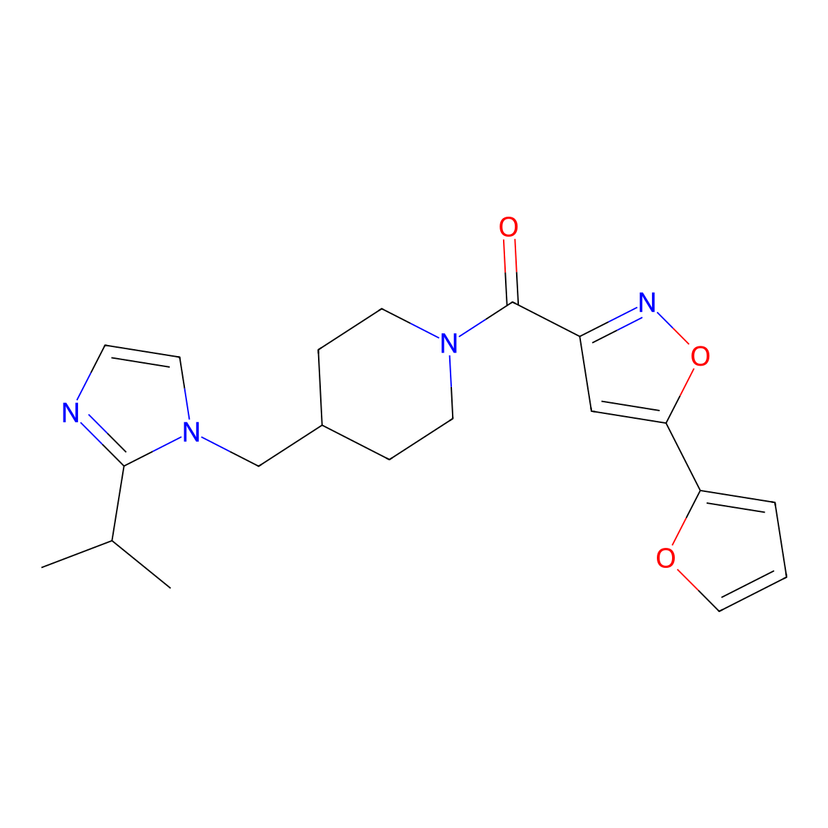 (5-(furan-2-yl)isoxazol-3-yl)(4-((2-isopropyl-1H-imidazol-1-yl)methyl)piperidin-1-yl)methanone molecular structure, CAS 1286711-77-0