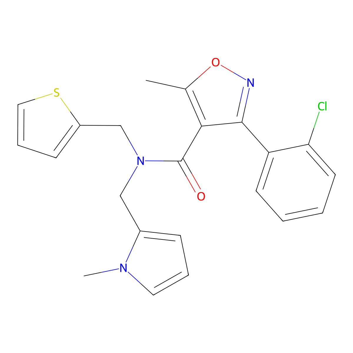 3-(2-chlorophenyl)-5-methyl-N-((1-methyl-1H-pyrrol-2-yl)methyl)-N-(thiophen-2-ylmethyl)isoxazole-4-carboxamide molecular structure, CAS 1286712-04-6