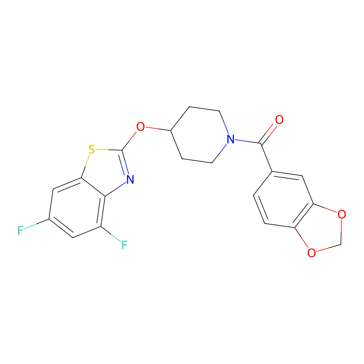 Benzo[d][1,3]dioxol-5-yl(4-((4,6-difluorobenzo[d]thiazol-2-yl)oxy)piperidin-1-yl)methanone molecular structure, CAS 1286712-18-2
