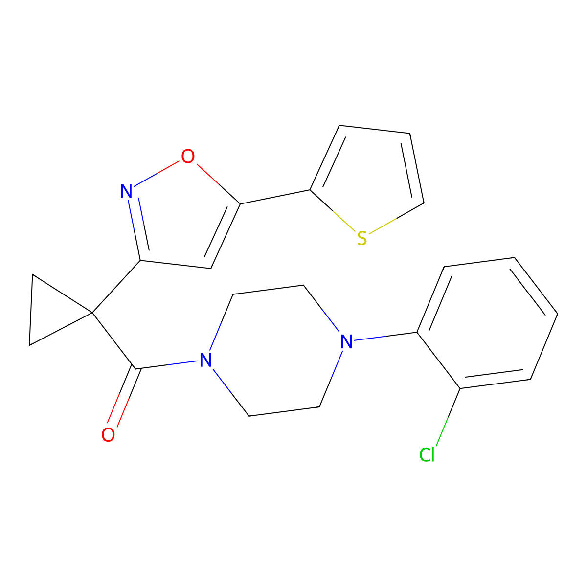 (4-(2-Chlorophenyl)piperazin-1-yl)(1-(5-(thiophen-2-yl)isoxazol-3-yl)cyclopropyl)methanone molecular structure, CAS 1286712-30-8