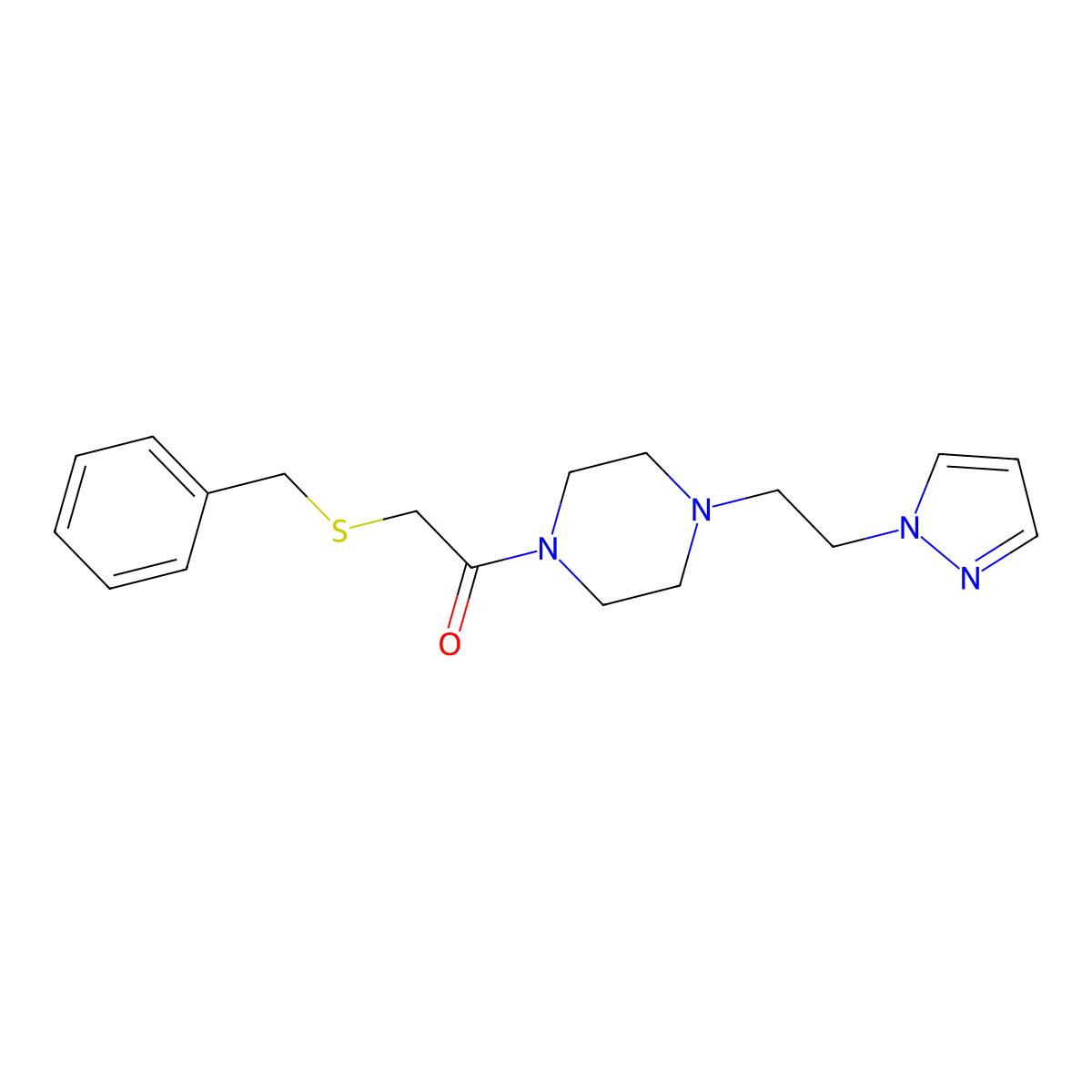 1-(4-(2-(1H-pyrazol-1-yl)ethyl)piperazin-1-yl)-2-(benzylthio)ethanone molecular structure, CAS 1286712-32-0
