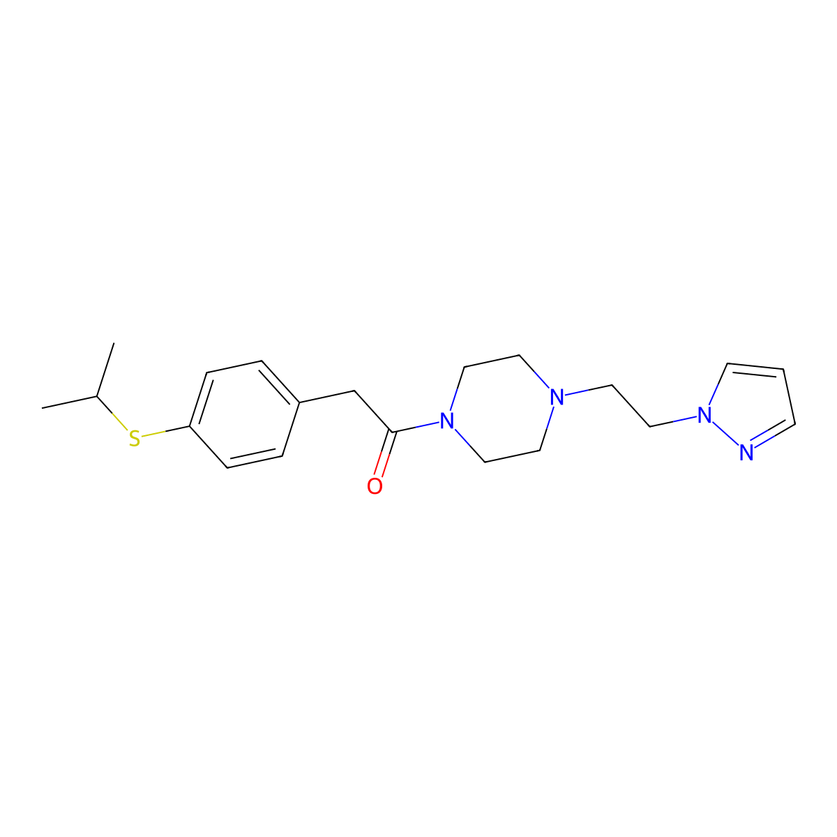 2-[4-(propan-2-ylsulfanyl)phenyl]-1-{4-[2-(1H-pyrazol-1-yl)ethyl]piperazin-1-yl}ethan-1-one molecular structure, CAS 1286712-35-3