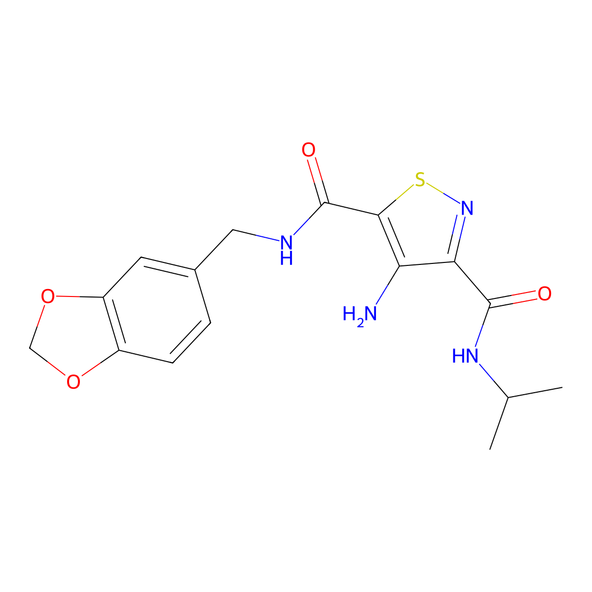 4-amino-N5-[(2H-1,3-benzodioxol-5-yl)methyl]-N3-(propan-2-yl)-1,2-thiazole-3,5-dicarboxamide molecular structure, CAS 1286712-96-6