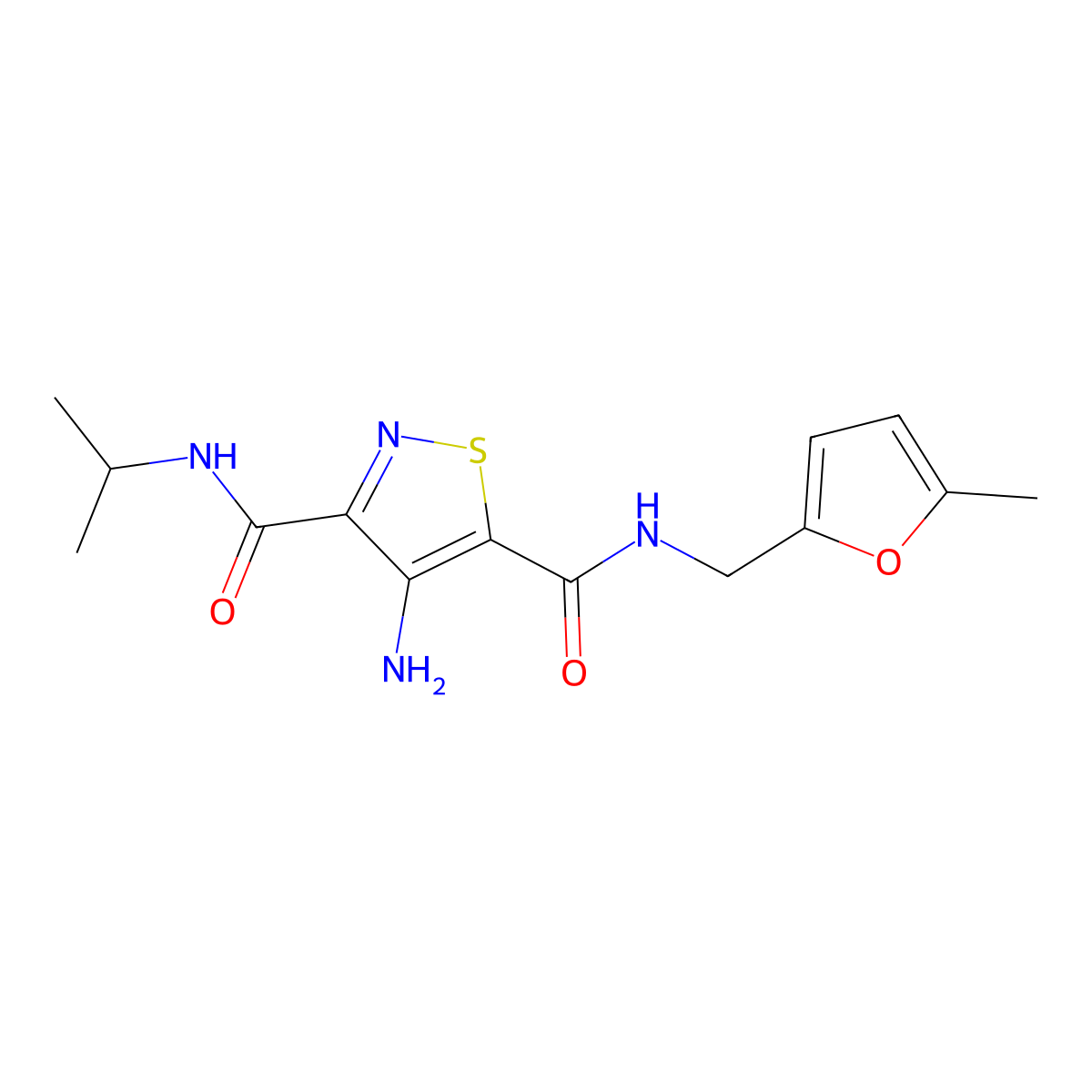 4-amino-N5-[(5-methylfuran-2-yl)methyl]-N3-(propan-2-yl)-1,2-thiazole-3,5-dicarboxamide molecular structure, CAS 1286712-99-9