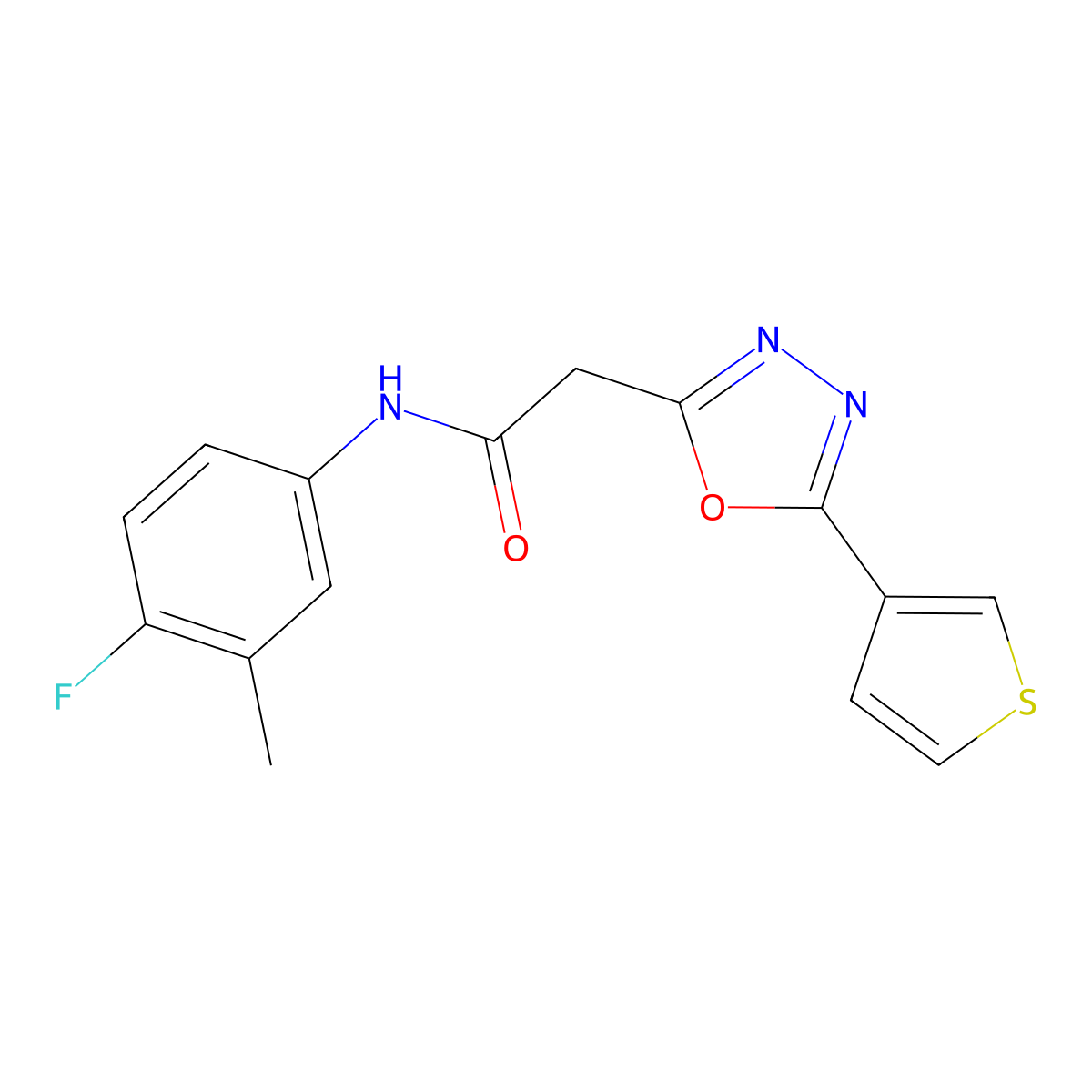 N-(4-fluoro-3-methylphenyl)-2-(5-(thiophen-3-yl)-1,3,4-oxadiazol-2-yl)acetamide molecular structure, CAS 1286713-39-0