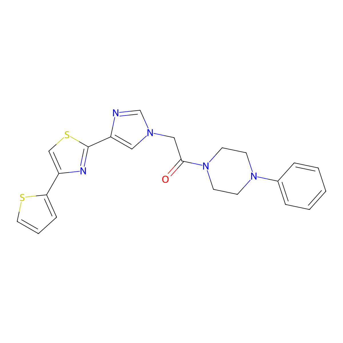 1-(4-phenylpiperazin-1-yl)-2-(4-(4-(thiophen-2-yl)thiazol-2-yl)-1H-imidazol-1-yl)ethanone molecular structure, CAS 1286713-63-0