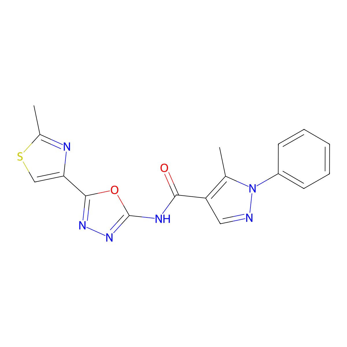 5-methyl-N-(5-(2-methylthiazol-4-yl)-1,3,4-oxadiazol-2-yl)-1-phenyl-1H-pyrazole-4-carboxamide molecular structure, CAS 1286713-91-4