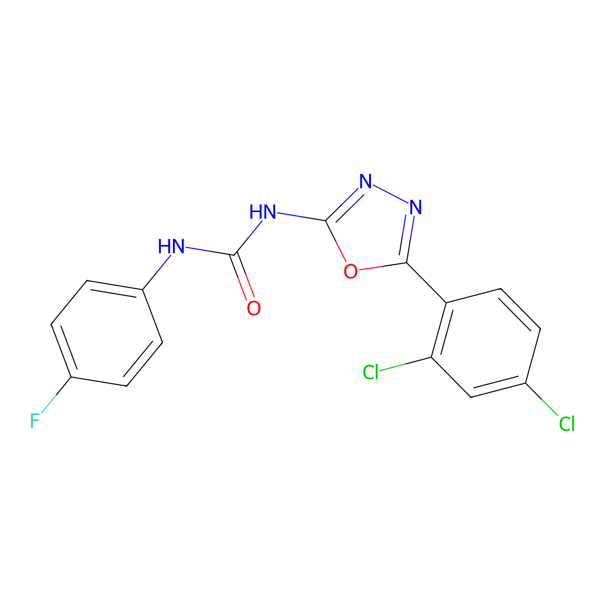 1-(5-(2,4-Dichlorophenyl)-1,3,4-oxadiazol-2-yl)-3-(4-fluorophenyl)urea molecular structure, CAS 1286713-93-6