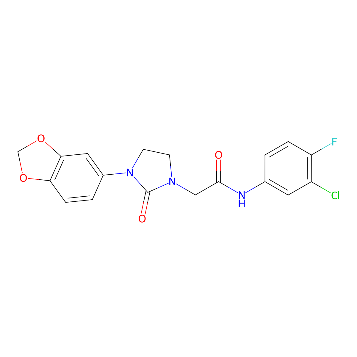2-(3-(benzo[d][1,3]dioxol-5-yl)-2-oxoimidazolidin-1-yl)-N-(3-chloro-4-fluorophenyl)acetamide molecular structure, CAS 1286714-00-8