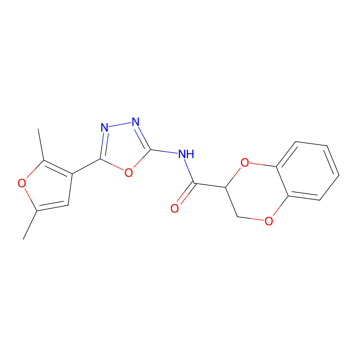N-(5-(2,5-dimethylfuran-3-yl)-1,3,4-oxadiazol-2-yl)-2,3-dihydrobenzo[b][1,4]dioxine-2-carboxamide molecular structure, CAS 1286714-01-9