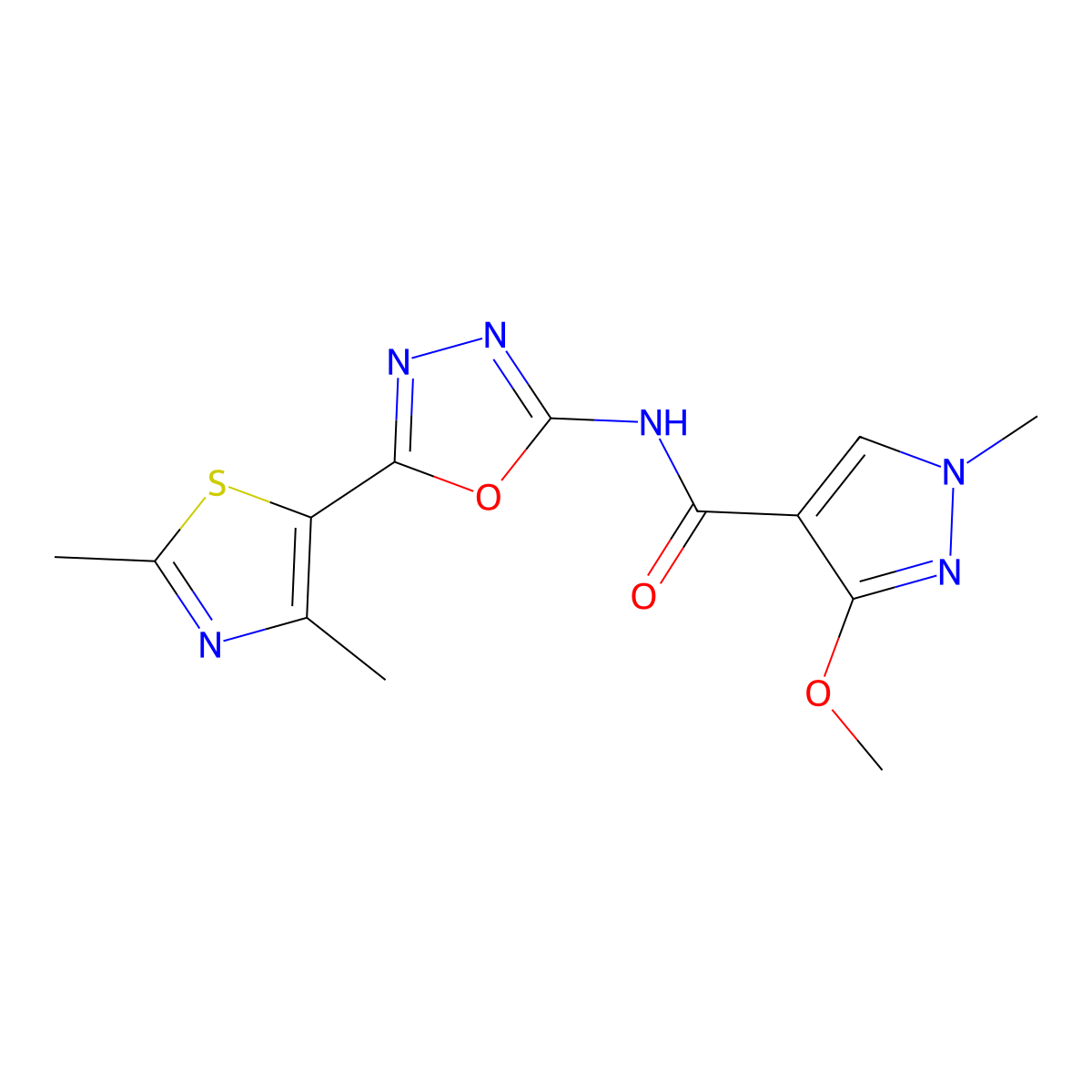 N-(5-(2,4-dimethylthiazol-5-yl)-1,3,4-oxadiazol-2-yl)-3-methoxy-1-methyl-1H-pyrazole-4-carboxamide molecular structure, CAS 1286714-05-3