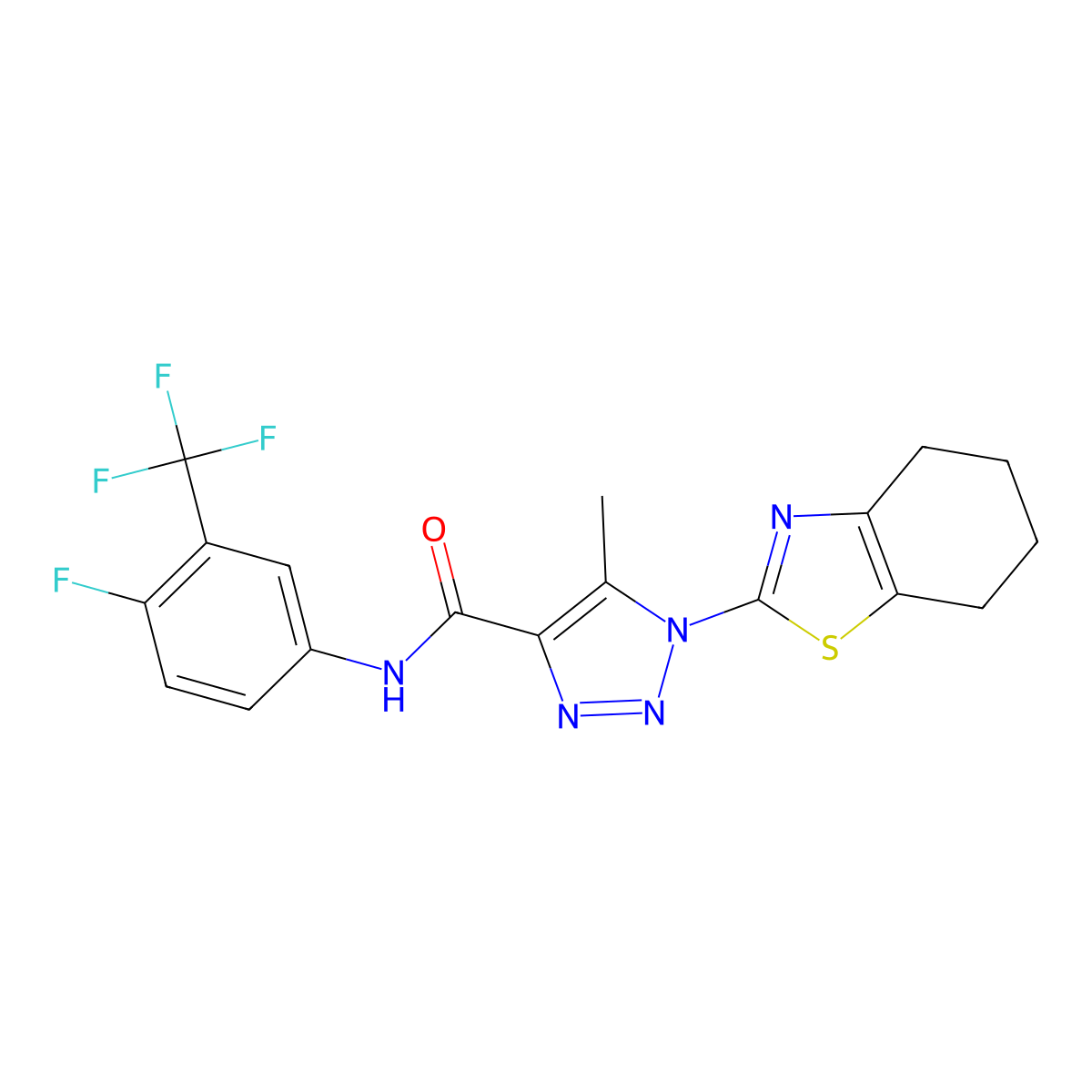 N-(4-fluoro-3-(trifluoromethyl)phenyl)-5-methyl-1-(4,5,6,7-tetrahydrobenzo[d]thiazol-2-yl)-1H-1,2,3-triazole-4-carboxamide molecular structure, CAS 1286714-17-7