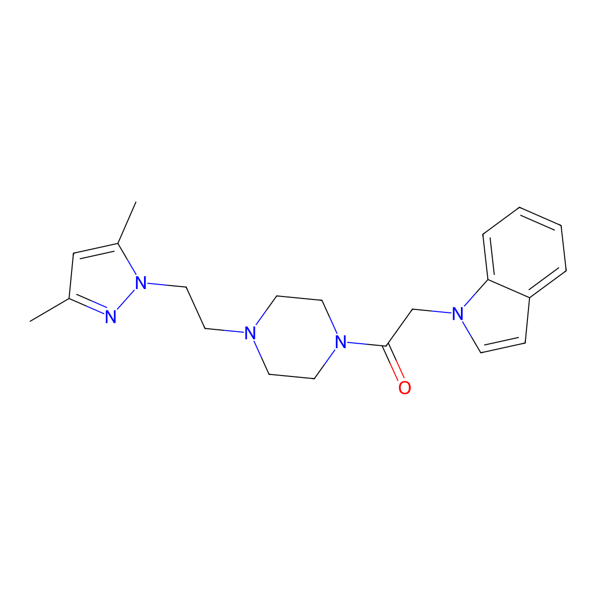 1-(4-(2-(3,5-dimethyl-1H-pyrazol-1-yl)ethyl)piperazin-1-yl)-2-(1H-indol-1-yl)ethanone molecular structure, CAS 1286714-30-4