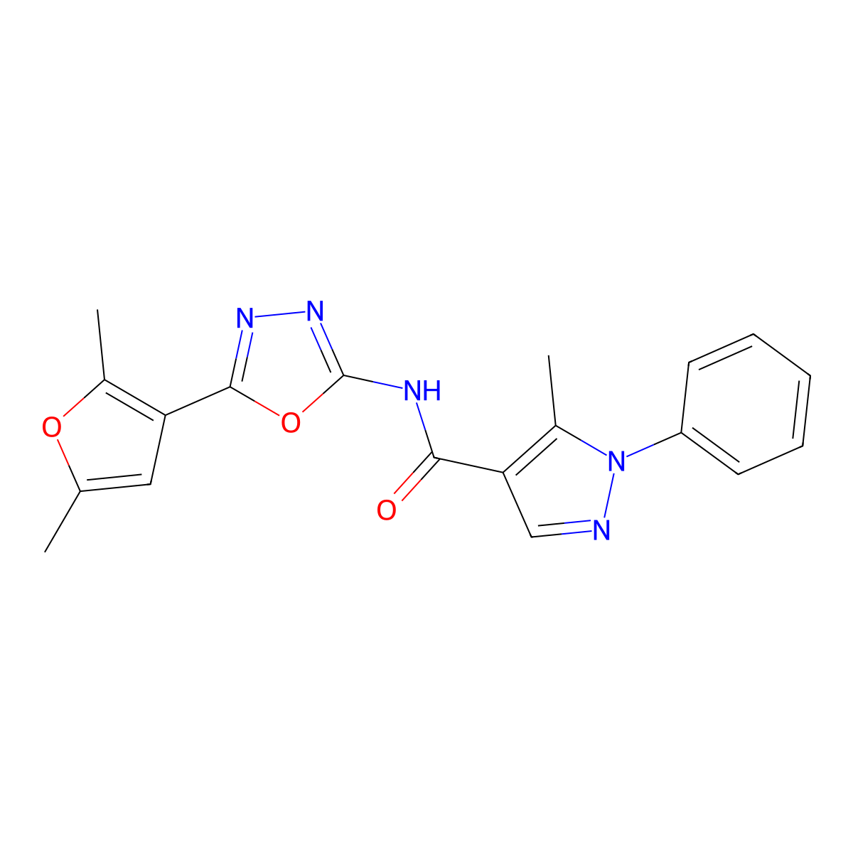 N-(5-(2,5-dimethylfuran-3-yl)-1,3,4-oxadiazol-2-yl)-5-methyl-1-phenyl-1H-pyrazole-4-carboxamide molecular structure, CAS 1286714-48-4