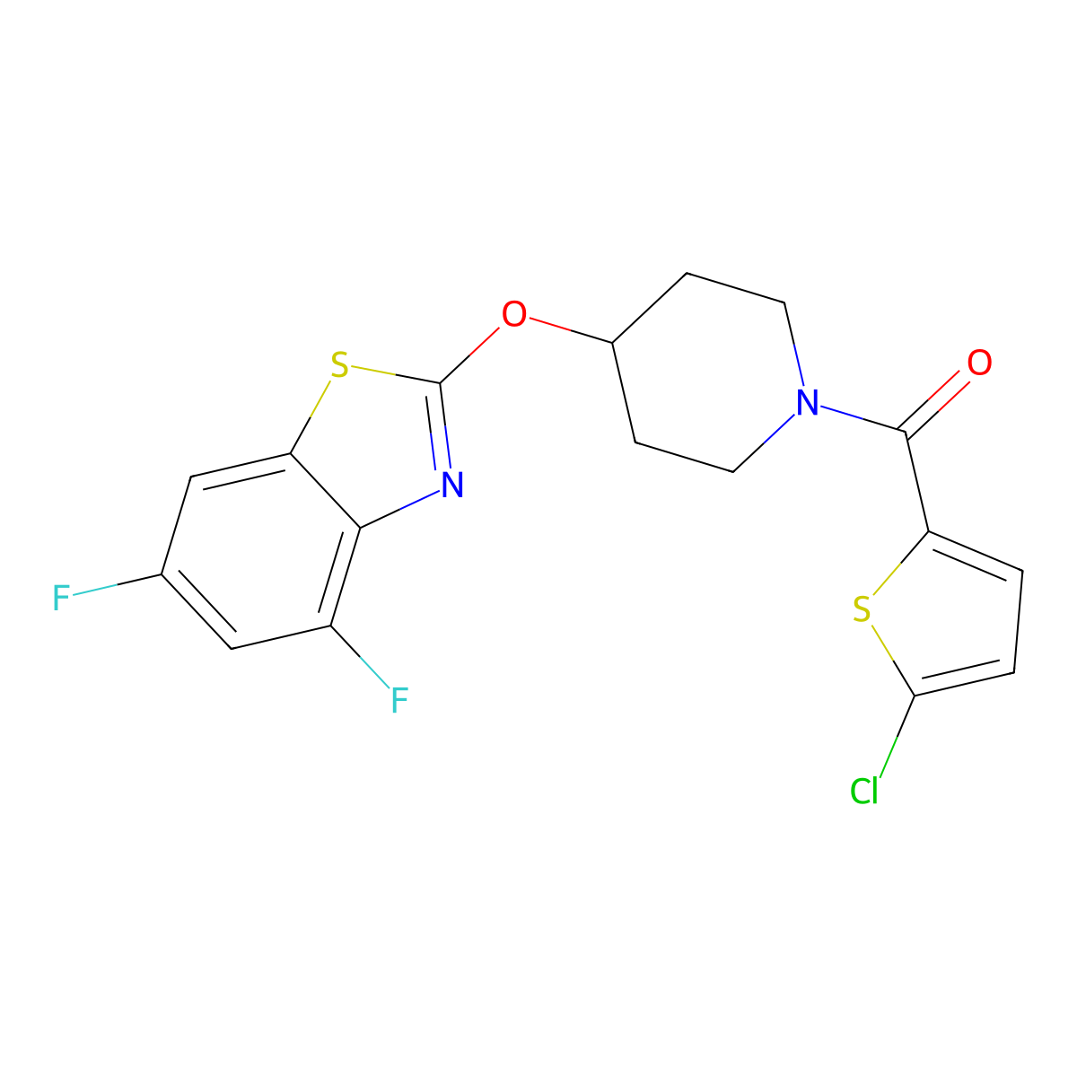 (5-Chlorothiophen-2-yl)(4-((4,6-difluorobenzo[d]thiazol-2-yl)oxy)piperidin-1-yl)methanone molecular structure, CAS 1286714-49-5