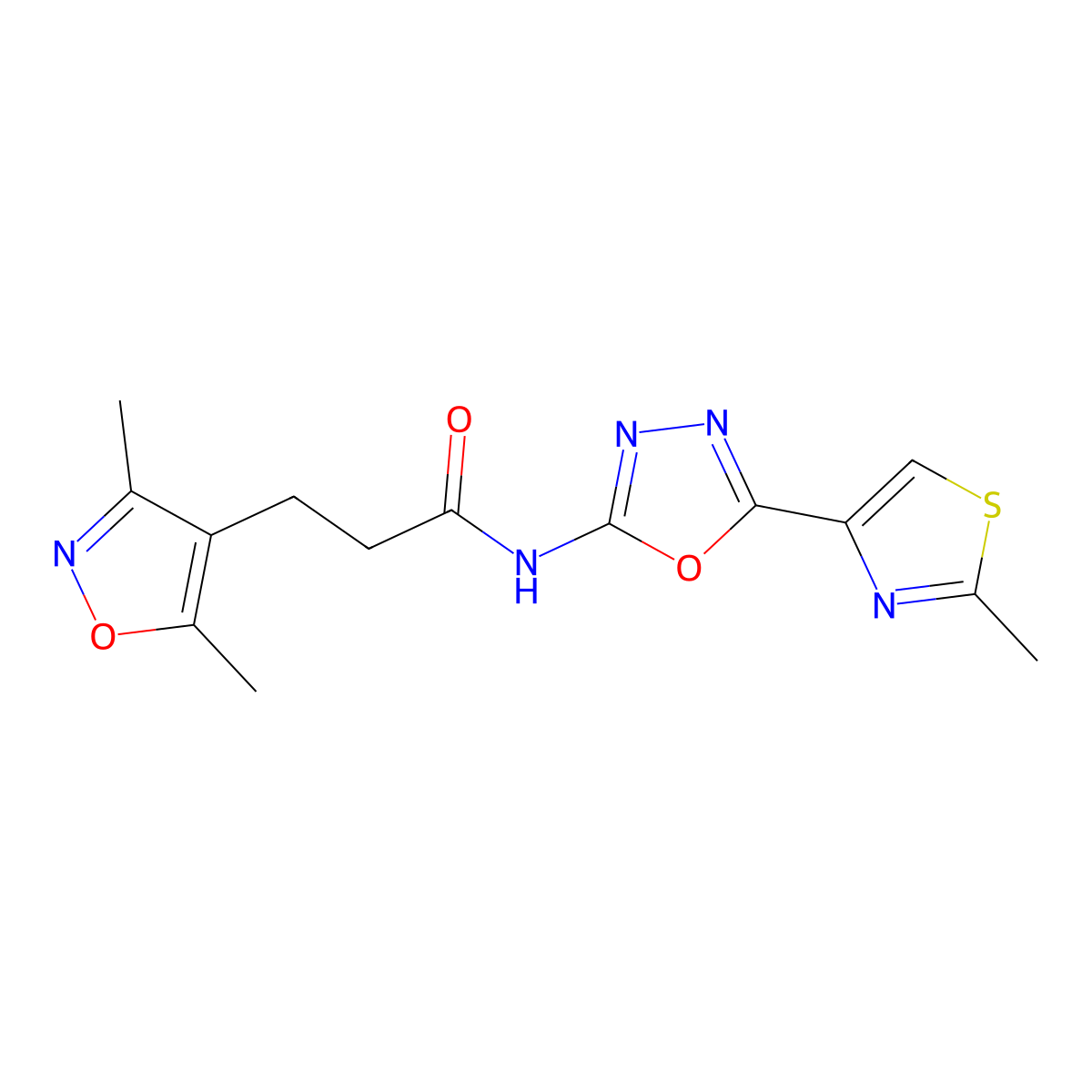 3-(3,5-dimethylisoxazol-4-yl)-N-(5-(2-methylthiazol-4-yl)-1,3,4-oxadiazol-2-yl)propanamide molecular structure, CAS 1286714-52-0