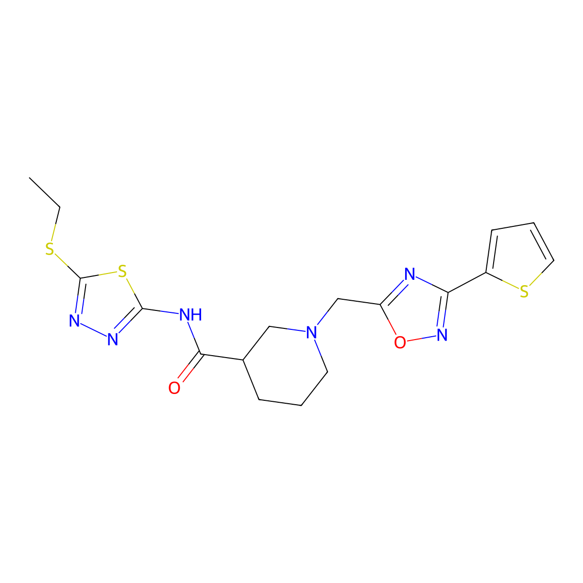 N-(5-(ethylthio)-1,3,4-thiadiazol-2-yl)-1-((3-(thiophen-2-yl)-1,2,4-oxadiazol-5-yl)methyl)piperidine-3-carboxamide molecular structure, CAS 1286714-76-8