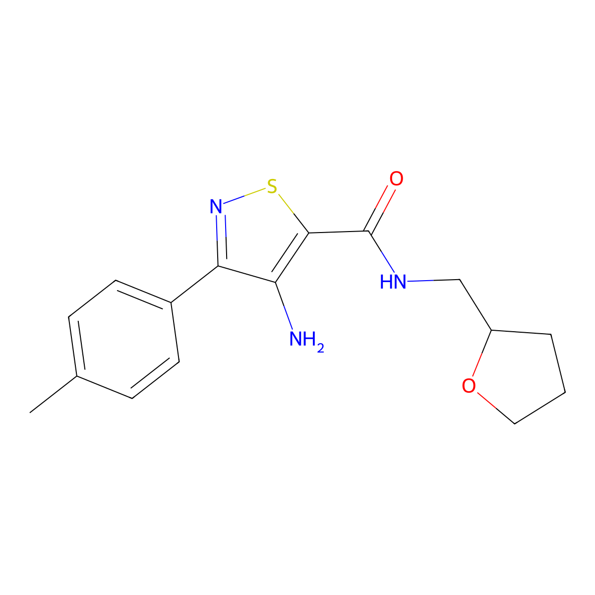 4-amino-N-((tetrahydrofuran-2-yl)methyl)-3-(p-tolyl)isothiazole-5-carboxamide molecular structure, CAS 1286714-81-5